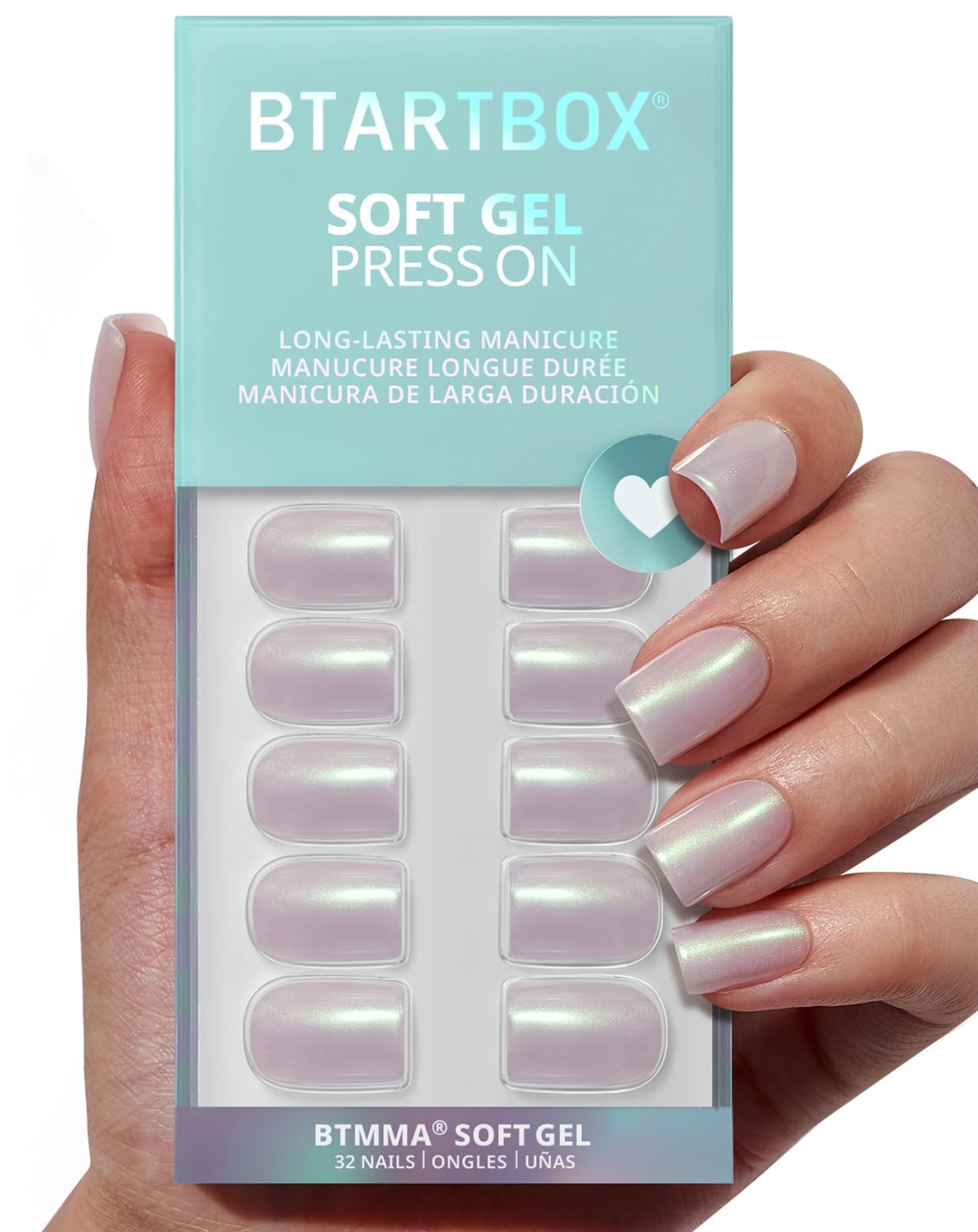BTArtbox uñas postizas pearlescentes cuadradas, acabado perlado para un look elegante.