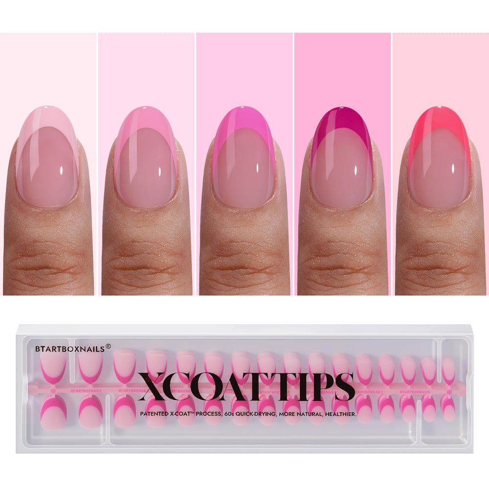 BTArtboxnails XCOATTIPS Francesa Rosada, frances rosado en uña almendra extra corto para look clásico en casa