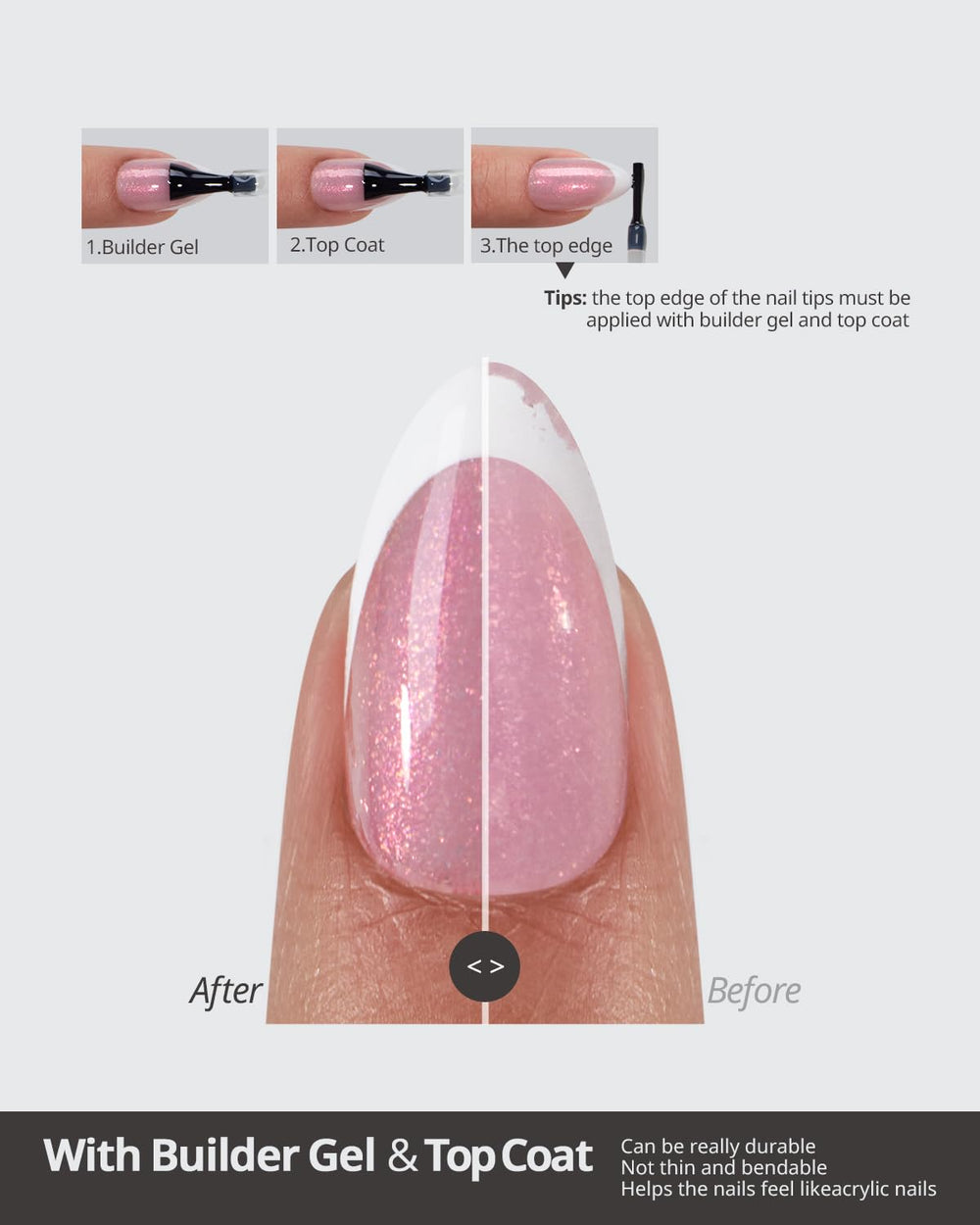 BTArtboxnails XCOATTIPS gel builder preaplicado y capa superior listas para usar.