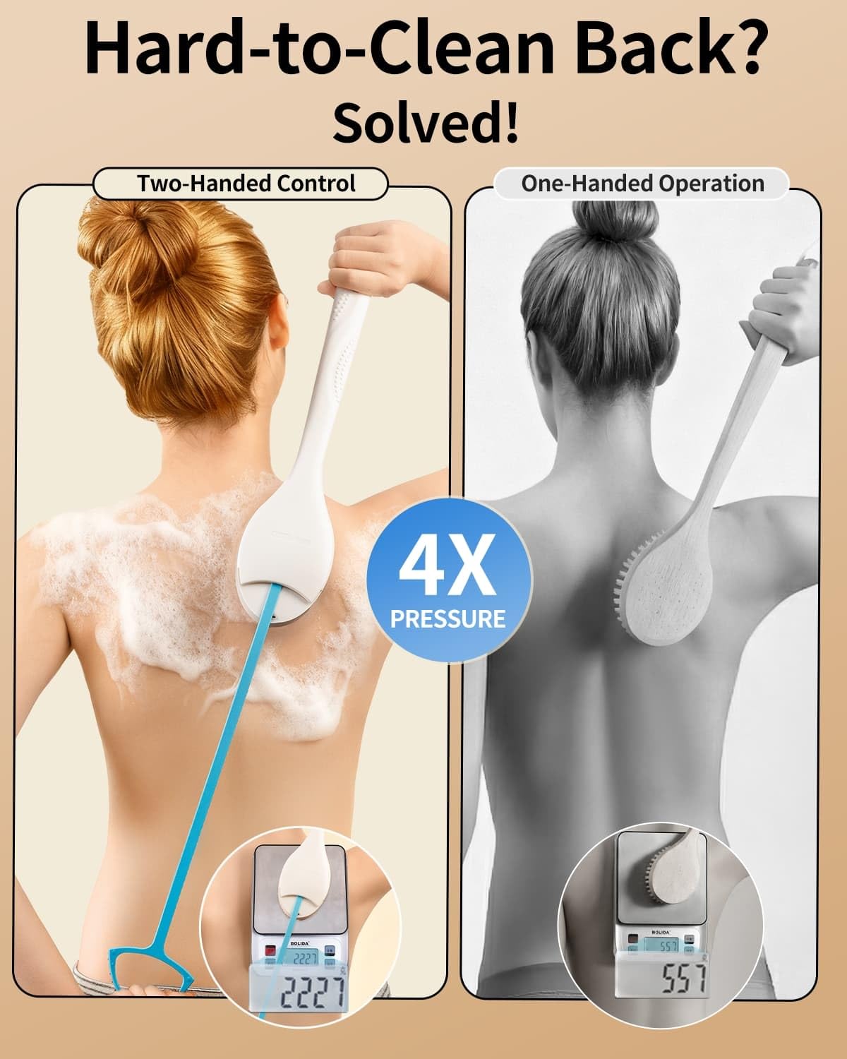 BUBBLEDANCE mango antideslizante ergonómico para uso seguro en ducha