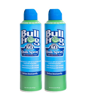 Bullfrog Quik Spray SPF 50 en aplicación continua para piel protegida al instante.
