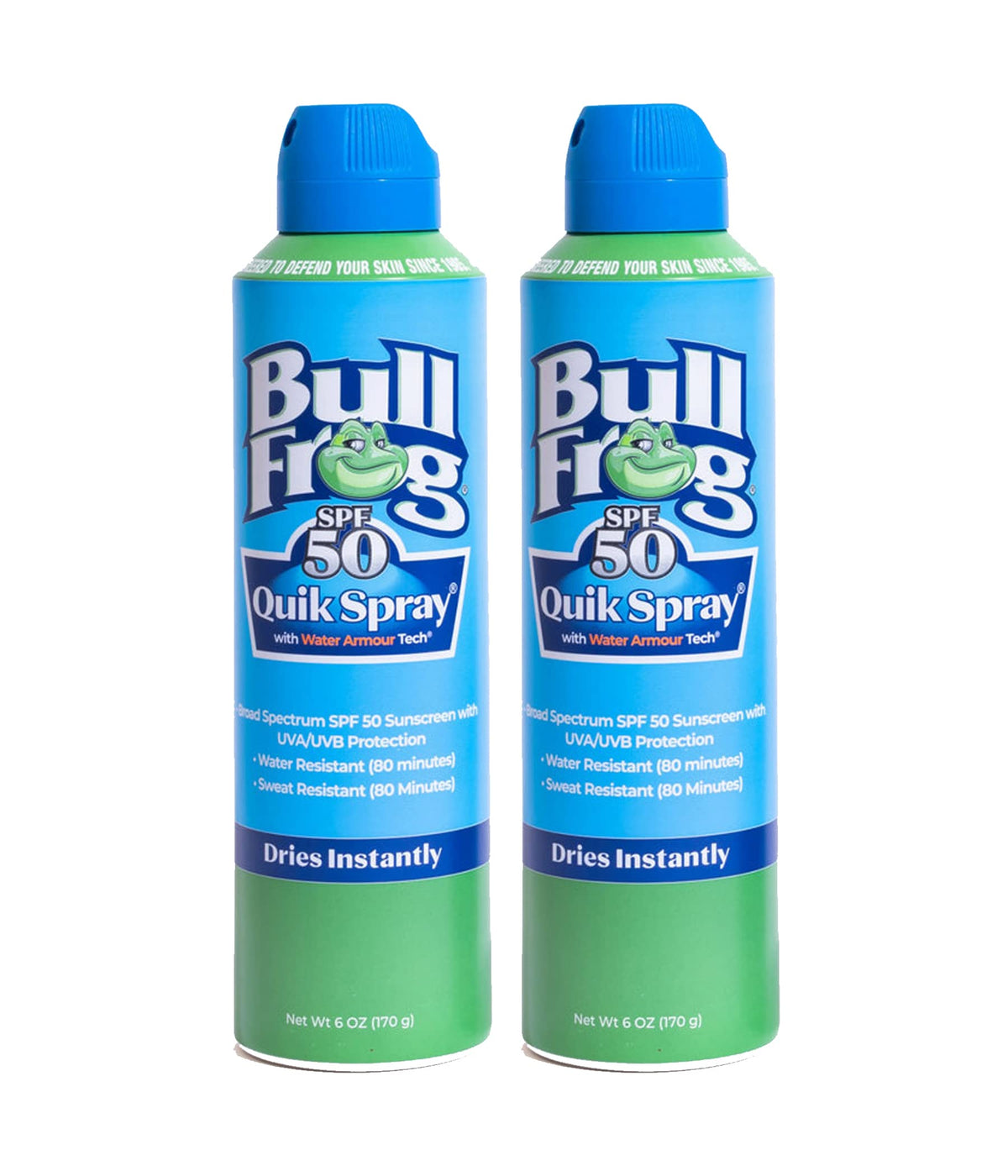 Bullfrog Quik Spray SPF 50 en aplicación continua para piel protegida al instante.