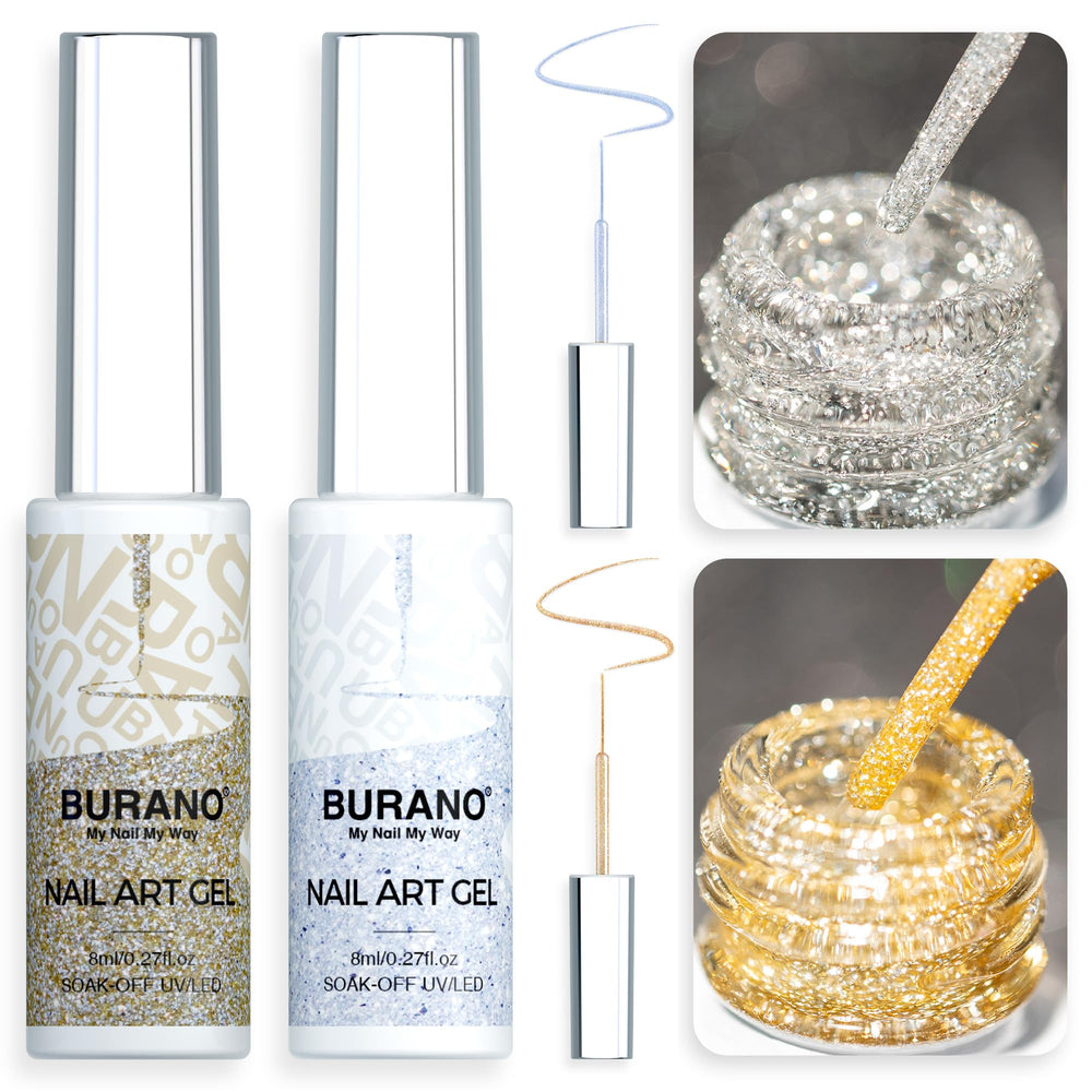 BURANO gel delineador holográfico plateado en botella para uñas duraderas