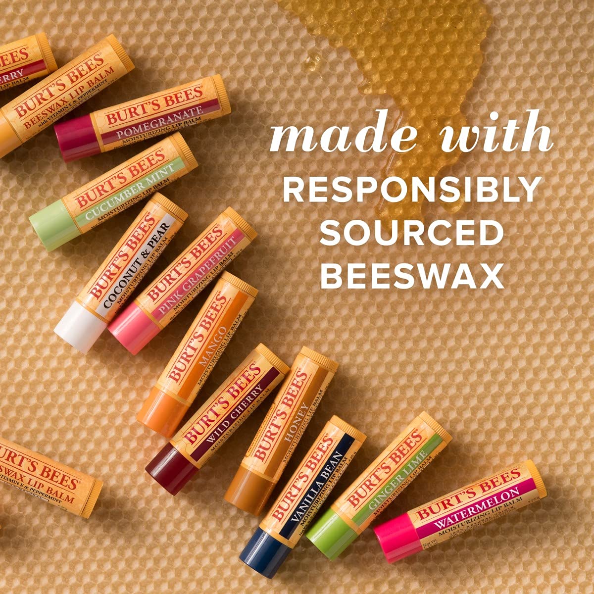 Envase de Burt's Bees mango destaca ingredientes naturales.