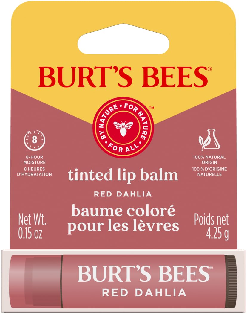 Burt's Bees bálsamo labial tintado Rojo Dahlia para hidratación natural diaria.