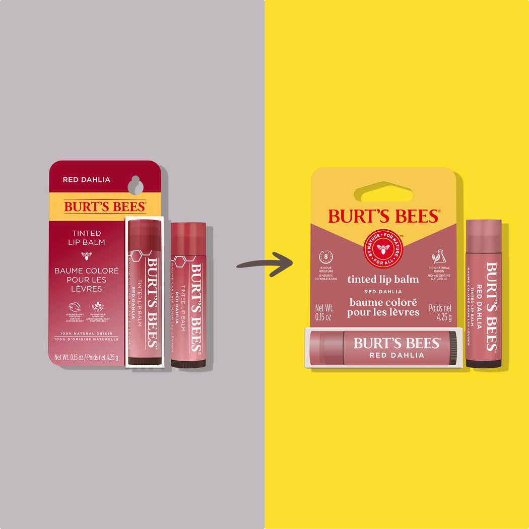 Burt's Bees bálsamo labial tintado Rojo Dahlia sin parabenos y SLS para uso seguro.