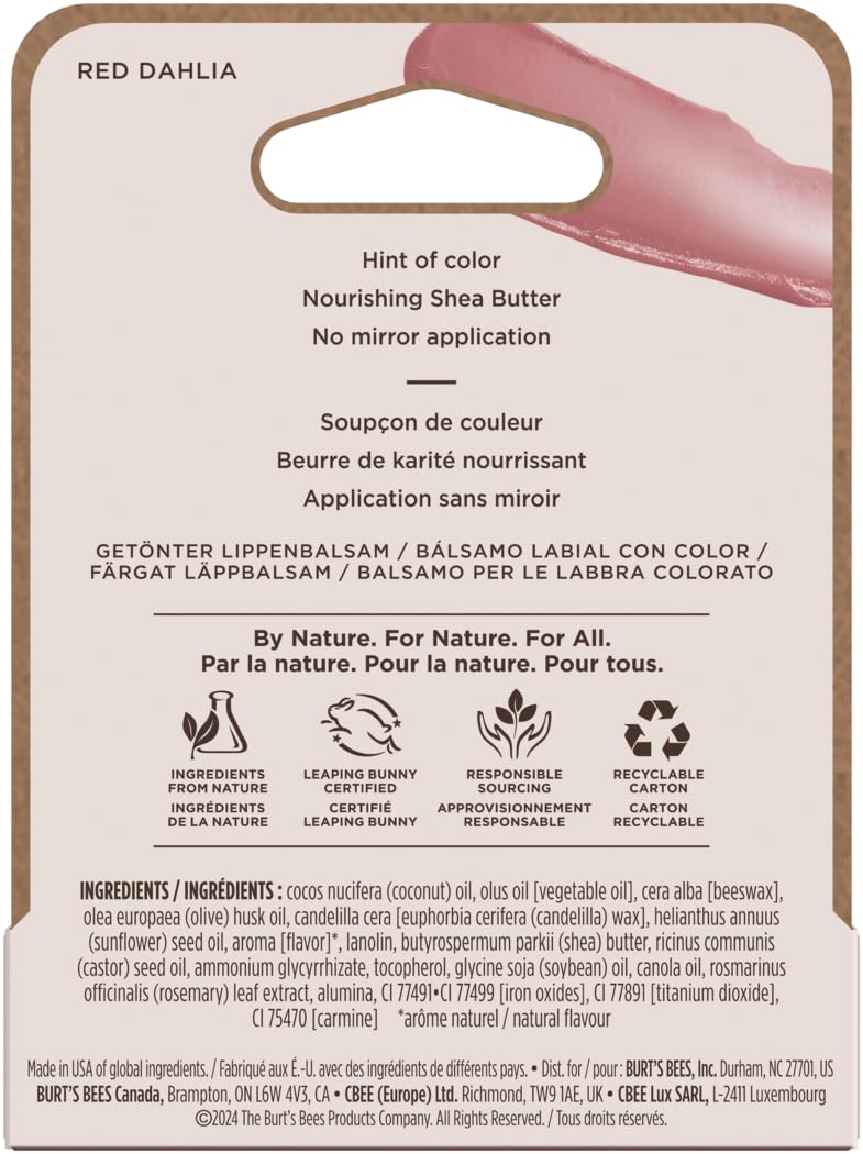 Burt's Bees bálsamo labial tintado Rojo Dahlia presenta empaque reciclable para cuidado responsable.