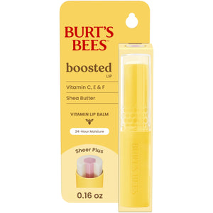 Burt's Bees Boosted Lip Balm Sheer Plus en tubo; hidratación duradera para labios.
