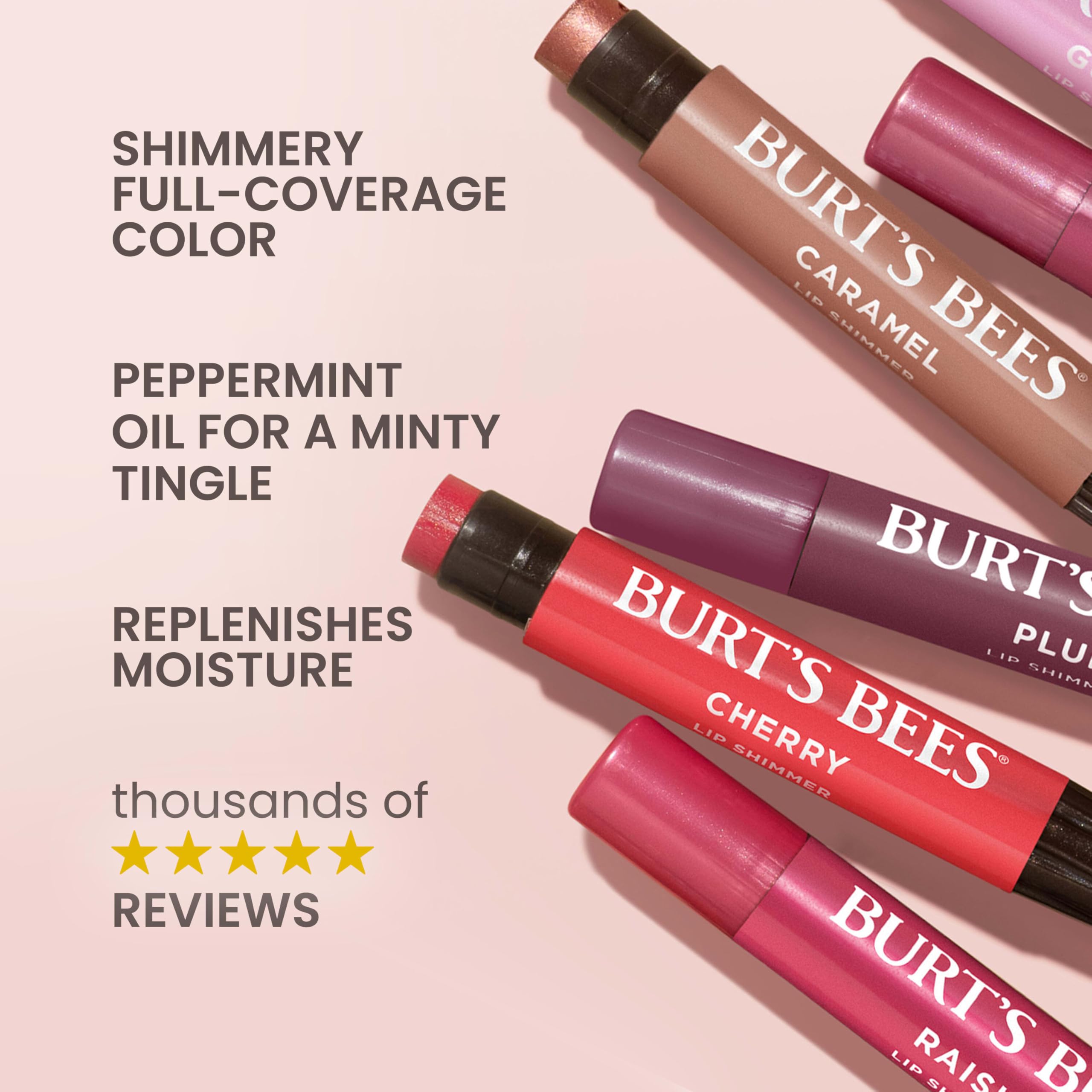 Burt's Bees Lip Shimmer Peony textura cremosa con hidratación.
