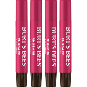 Burts Bees Lip Shimmer Rhubarb en acción, brillo rosado y hidratación suave