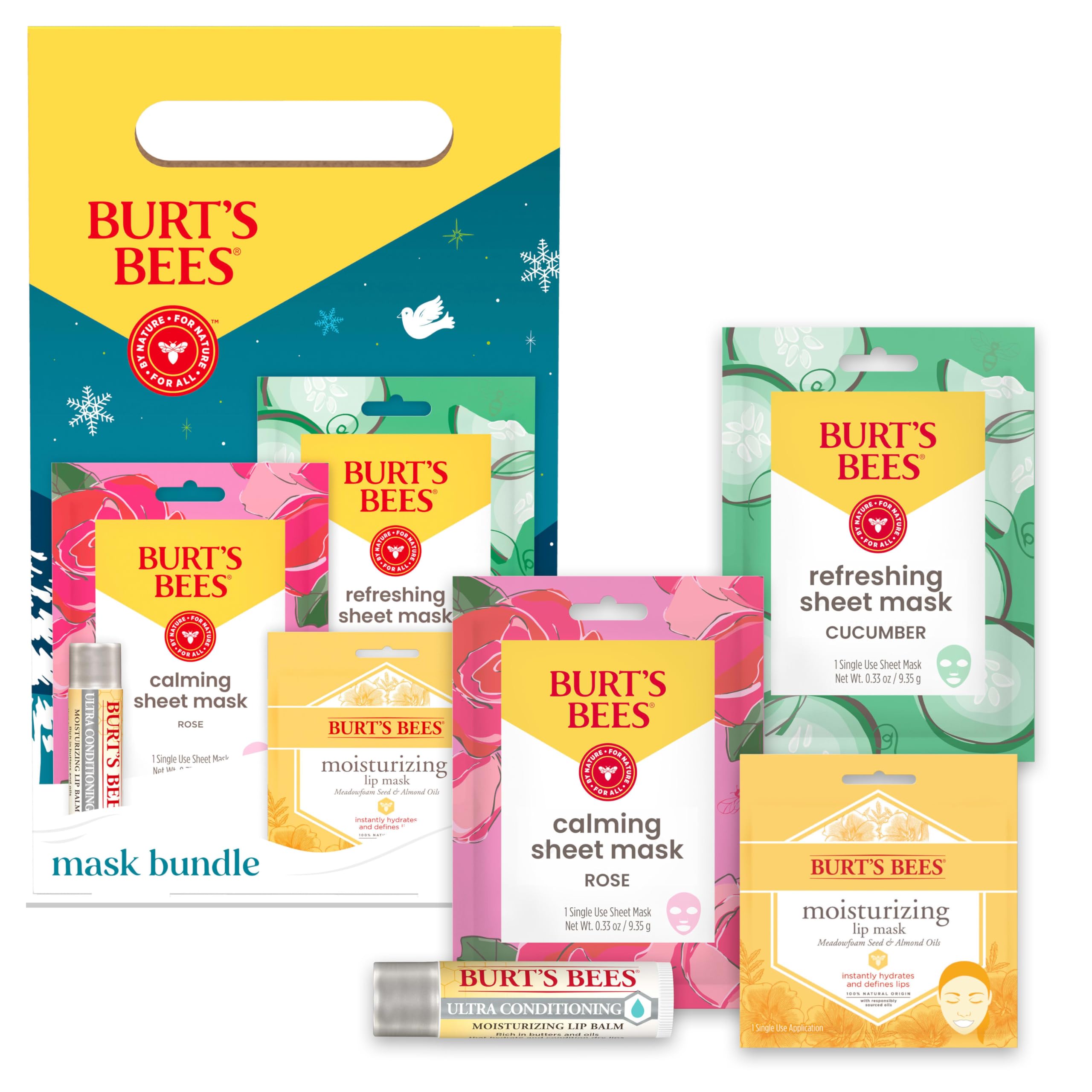 Kit regalo Burt's Bees: empaque navideño con mascarillas y bálsamo labial.