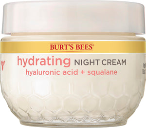 Burt's Bees Truly Glowing Night Cream en bote blanco para hidratación nocturna.