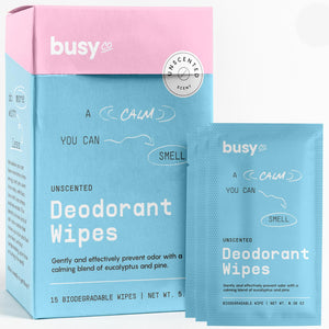 Busyco Línea Calma: toallitas desodorantes 15ct, envueltas individualmente para higiene rápida.