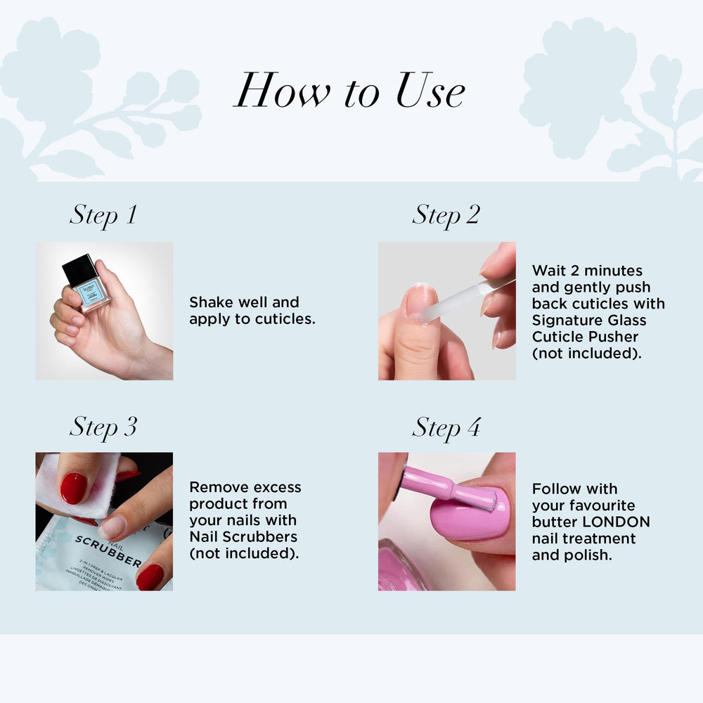 Aplicación precisa de cutículas con Butter London en la mano