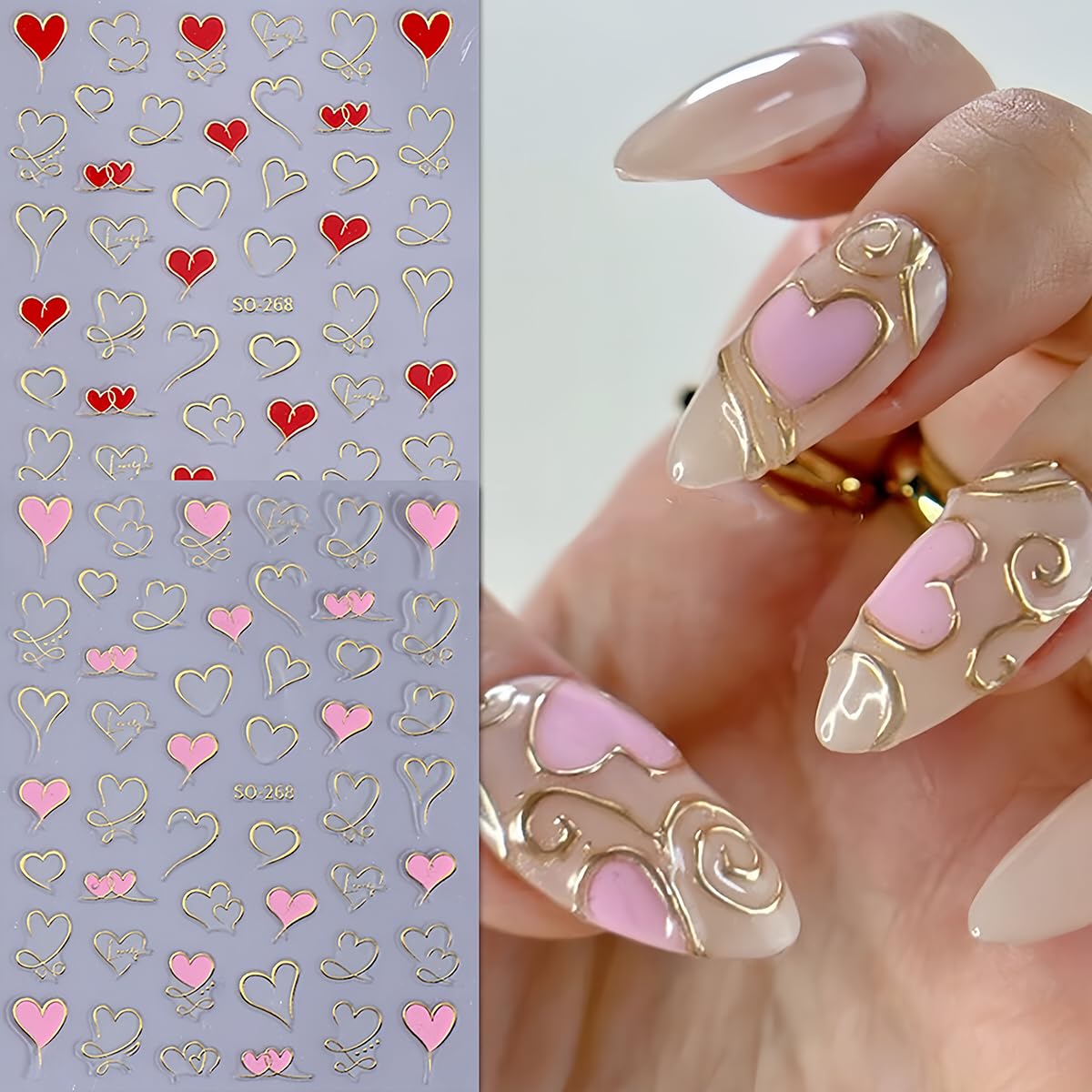 BYJKYEN uñas rosas con corazones, ideal para estilo romántico diario.