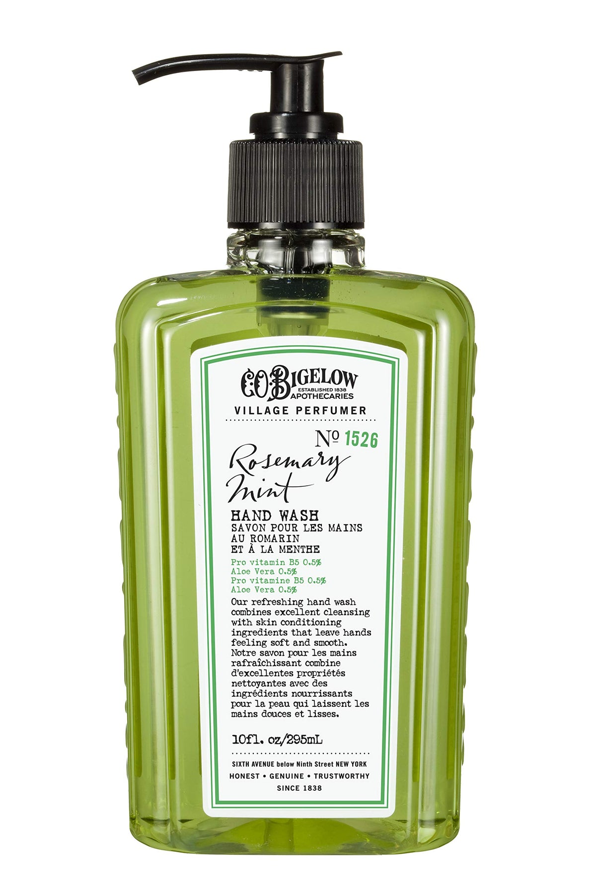 Jabón de manos C.O. Bigelow Romero Menta en botella, hidratación suave y limpieza eficaz.