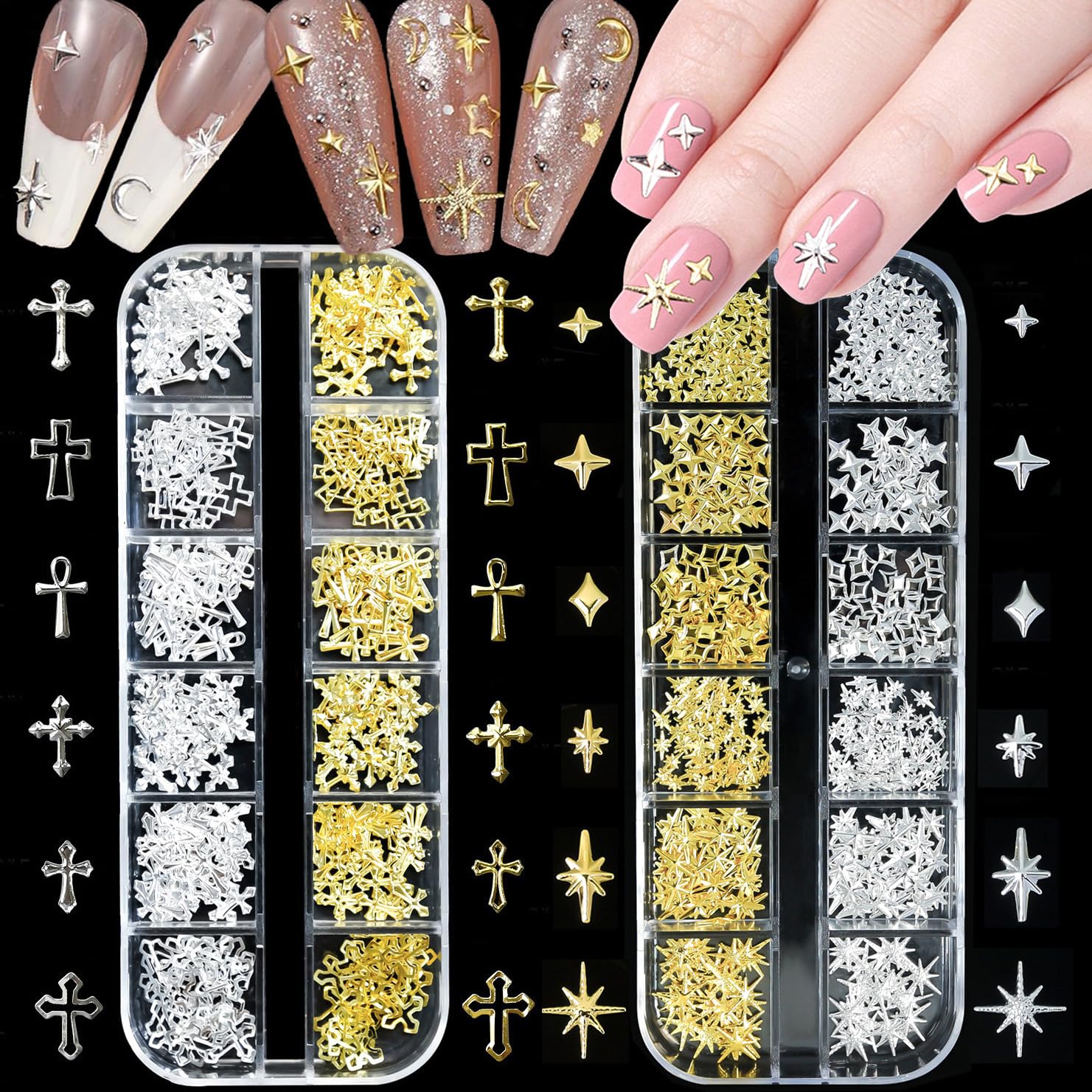 Cagzzee Cruz-Estrella para uñas en plata, brillo duradero para diseño elegante.