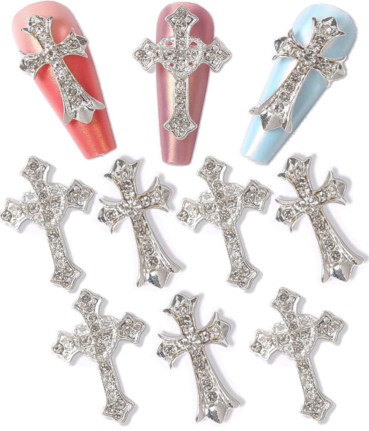 Cagzzee cruz incrustada en plata, ideal para realzar uñas con brillo.