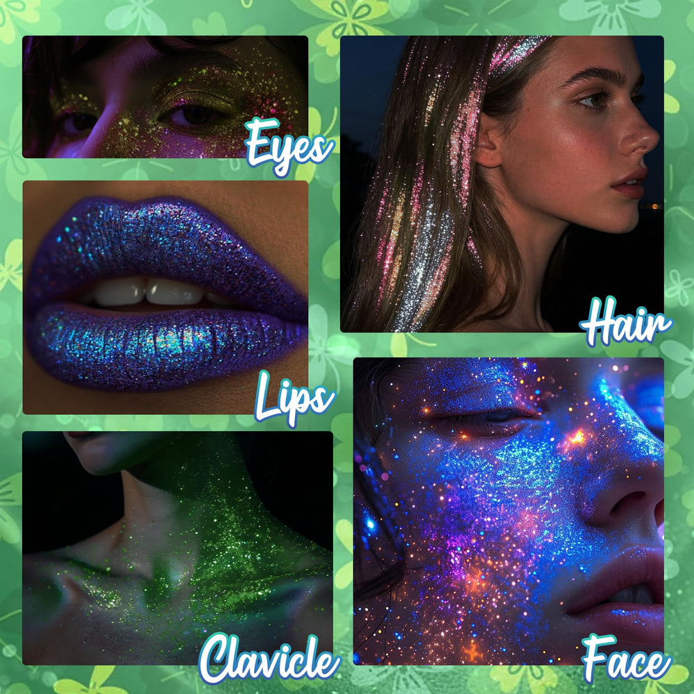 CAHOTO brillo verde realzando peinados y maquillajes creativos.