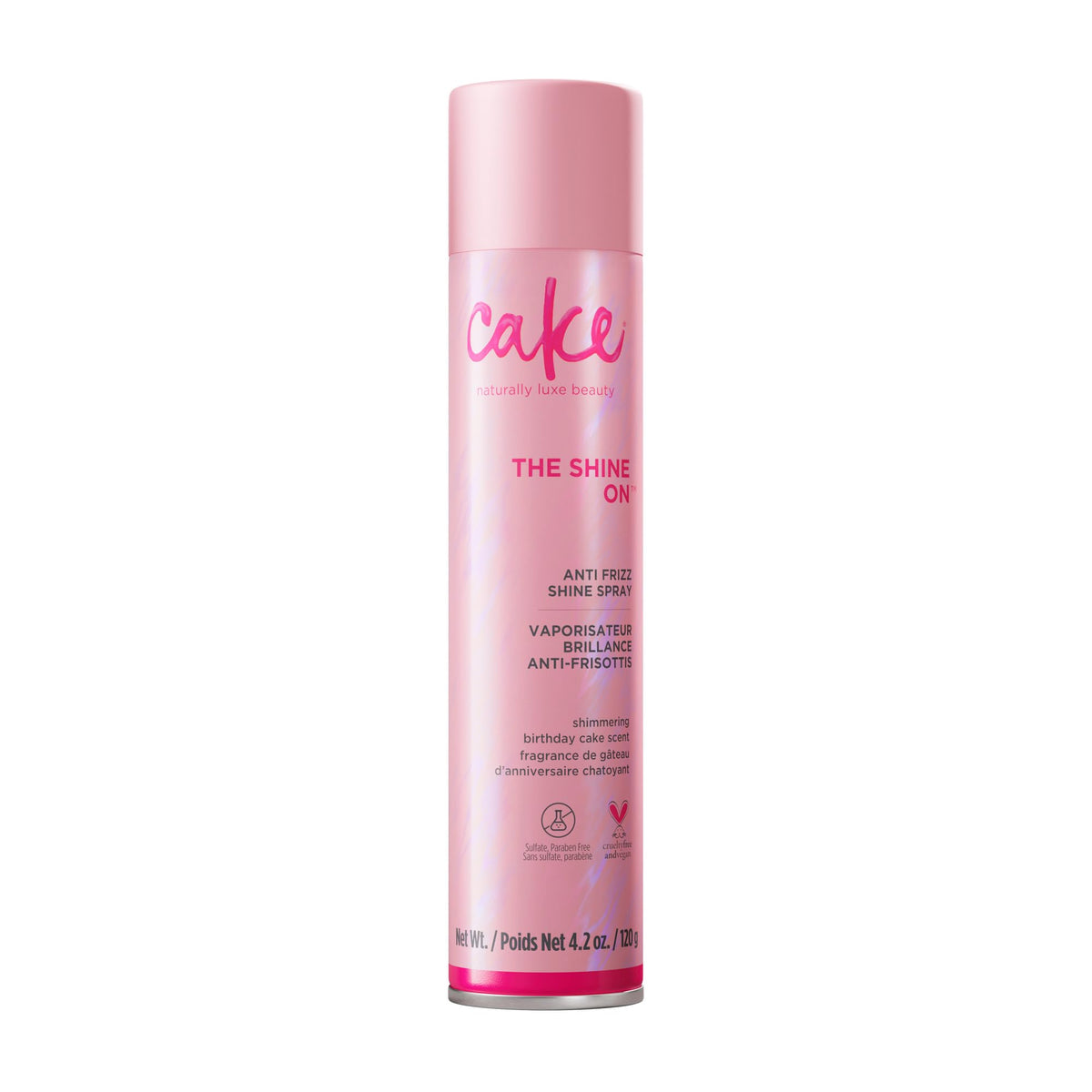 Cake Beauty The Shine On spray: botella vertido para brillo intenso y control del frizz.
