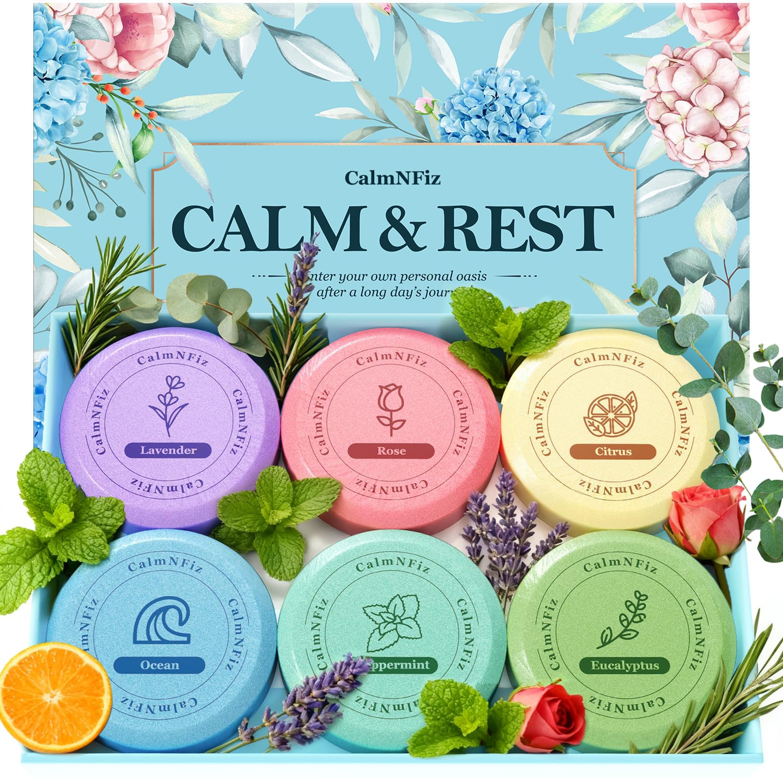CalmNFiz: seis tabletas para ducha en caja, regalo aromático y práctico.