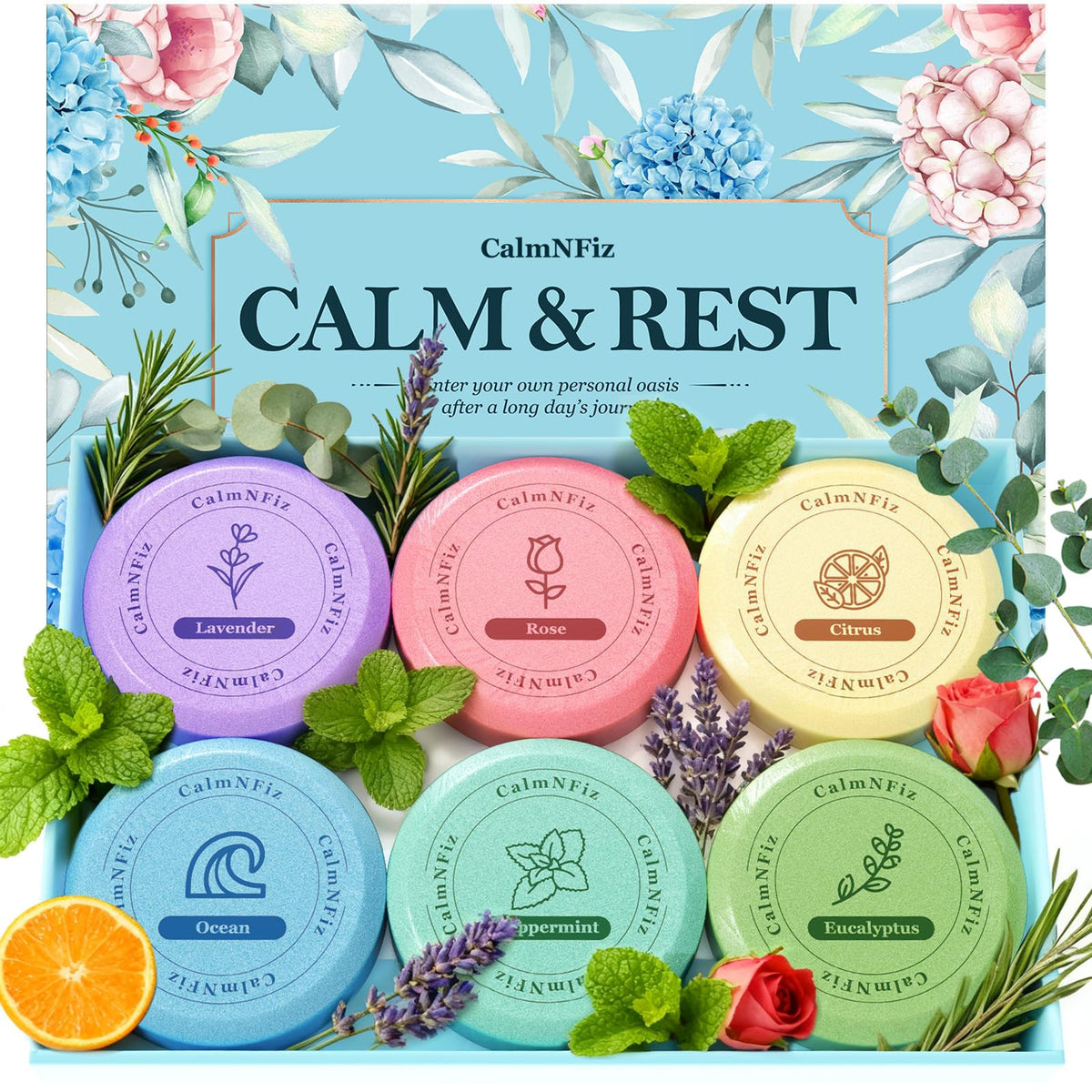 CalmNFiz: seis tabletas para ducha en caja, regalo aromático y práctico.