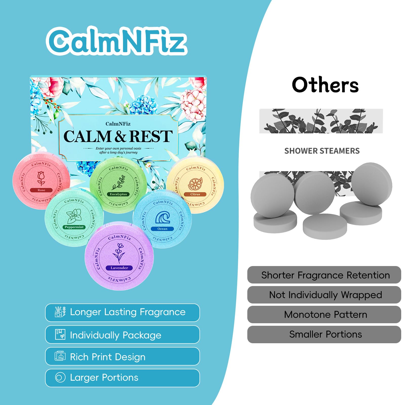 CalmNFiz: tableta eucalipto para ducha, aroma claro y respiración.