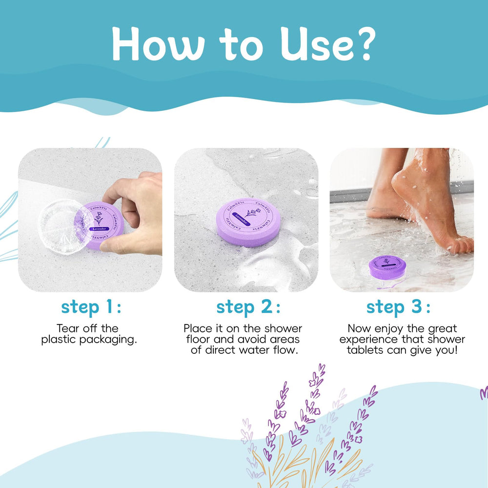 CalmNFiz: tableta lavanda para ducha, calma suave tras la ducha.