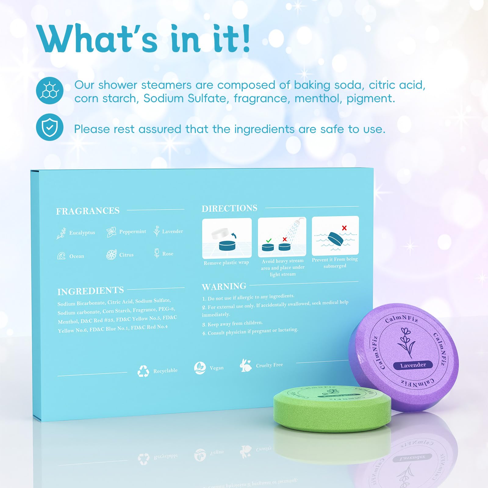 CalmNFiz: tableta menta para ducha, sensación fresca y vigorizante.
