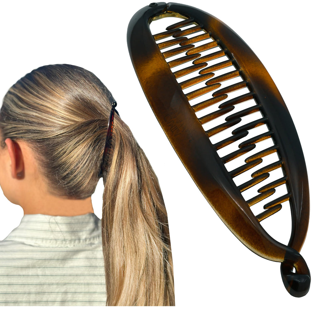 Camila Paris CP5 clip banano carey, sujeción suave para peinados duraderos.