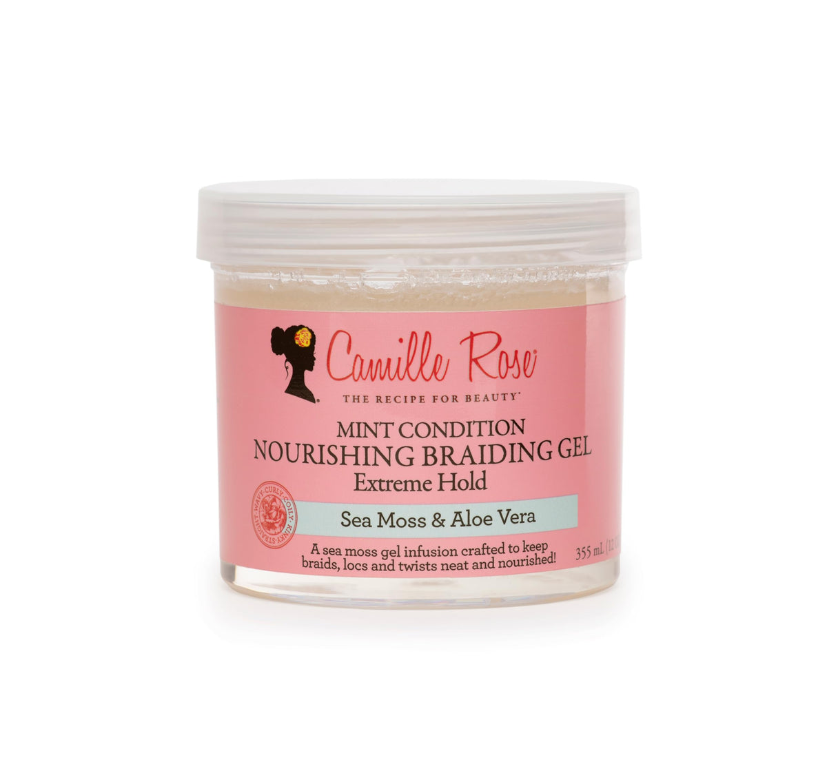 Camille Rose gel para trenzas: botella vertida con efecto mentolado para hidratar y refrescar el cuero cabelludo.