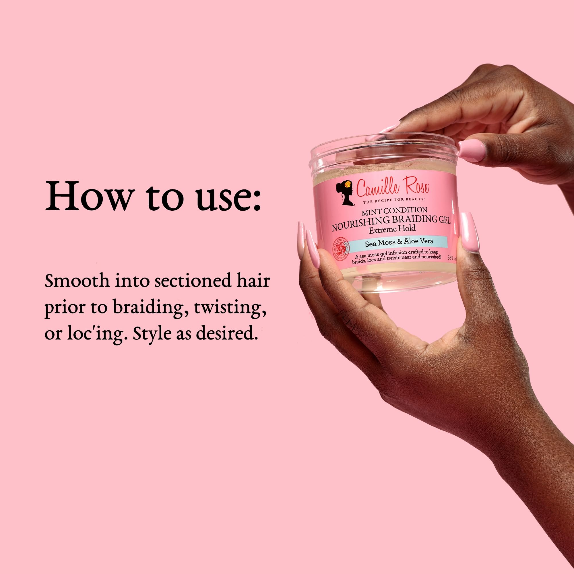 Camille Rose gel para trenzas: ingredientes con musgo marino y té verde para cuero cabelludo saludable.
