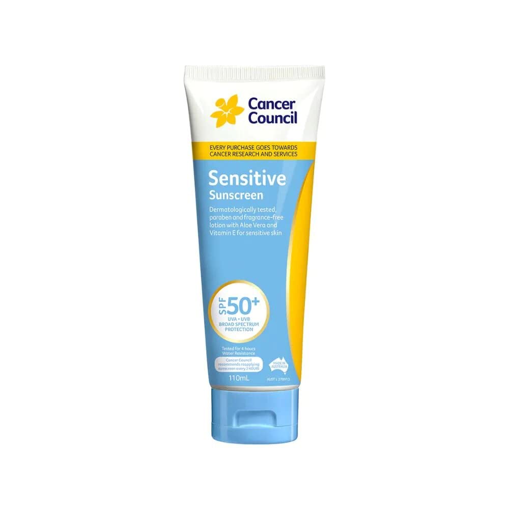 Protector solar Cancer Council sensitivo SPF50+ en botella de 110 ml para piel sensible