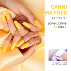 CANNI gel de uñas amarillo neón, muestra de pigmentación para cobertura uniforme.