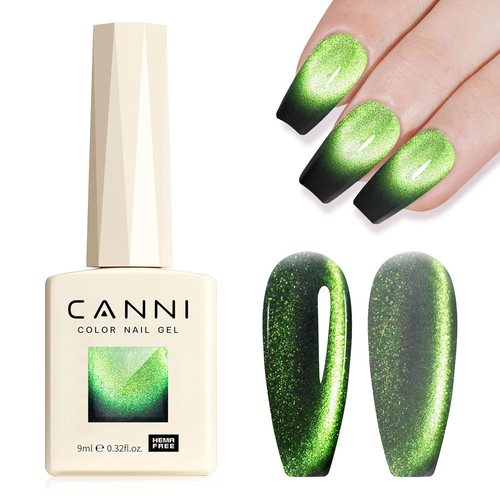 CANNI efecto ojo de gato verde oscuro para uñas con acabado magnético.