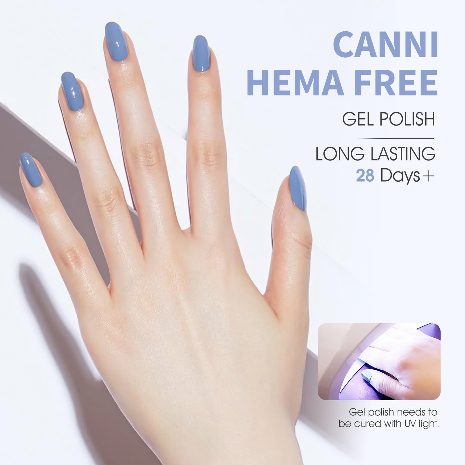 CANNI Esmalte gel azul claro, acabado de alto pigmento para menos capas.