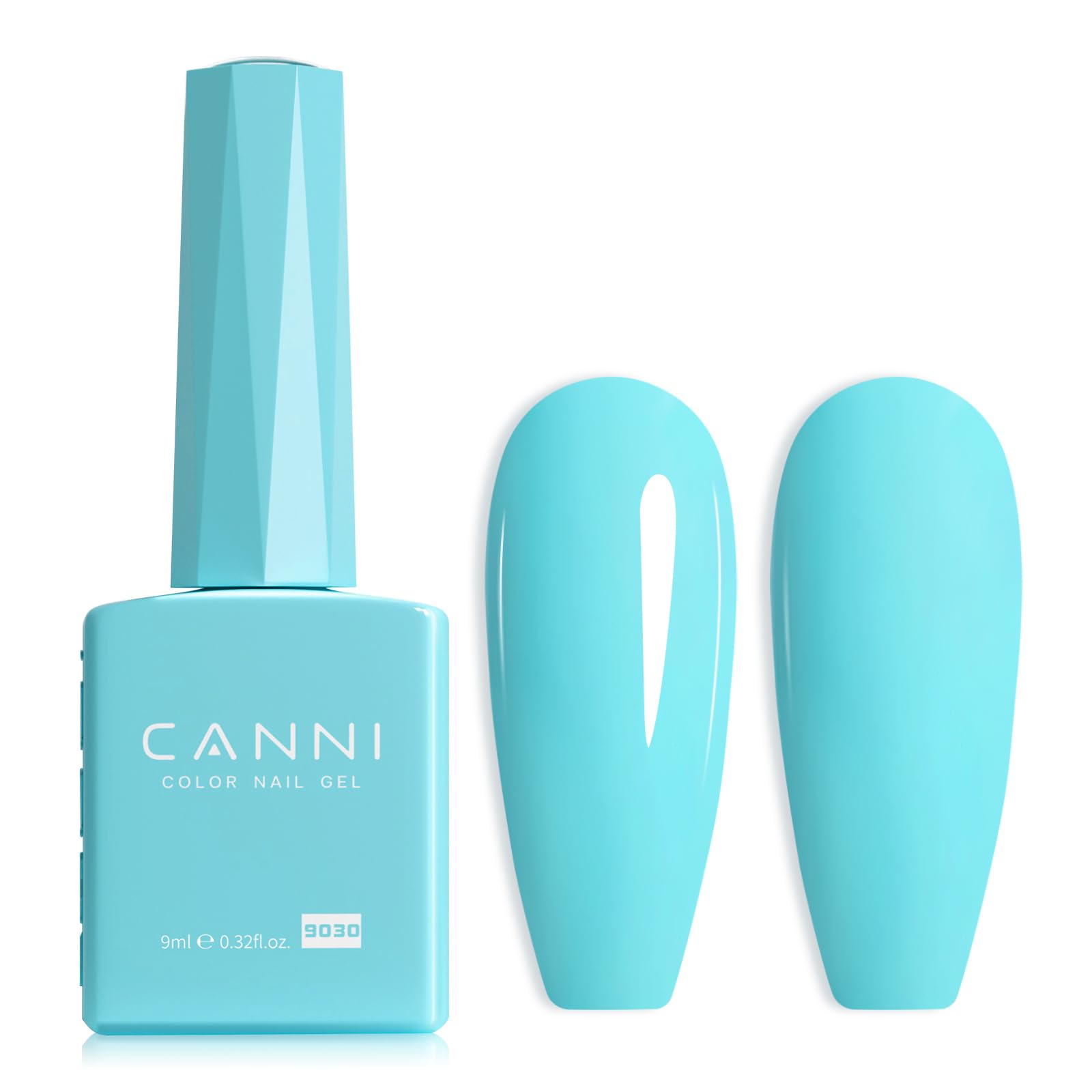 Esmalte gel azul pastel de CANNI en botella para manicura precisa.