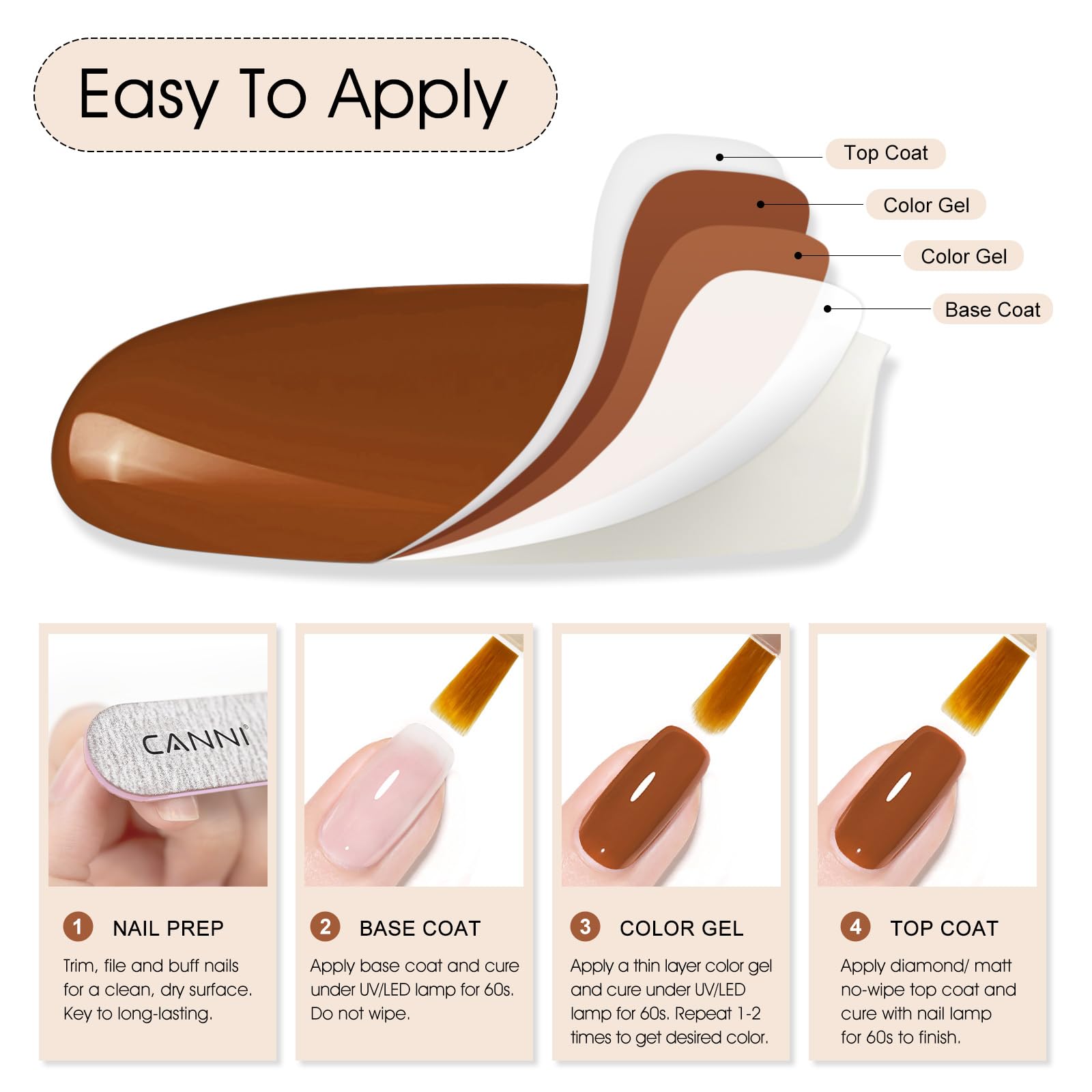 Acabado espejo de CANNI Esmalte Gel Caramelo Café en uñas pulidas.