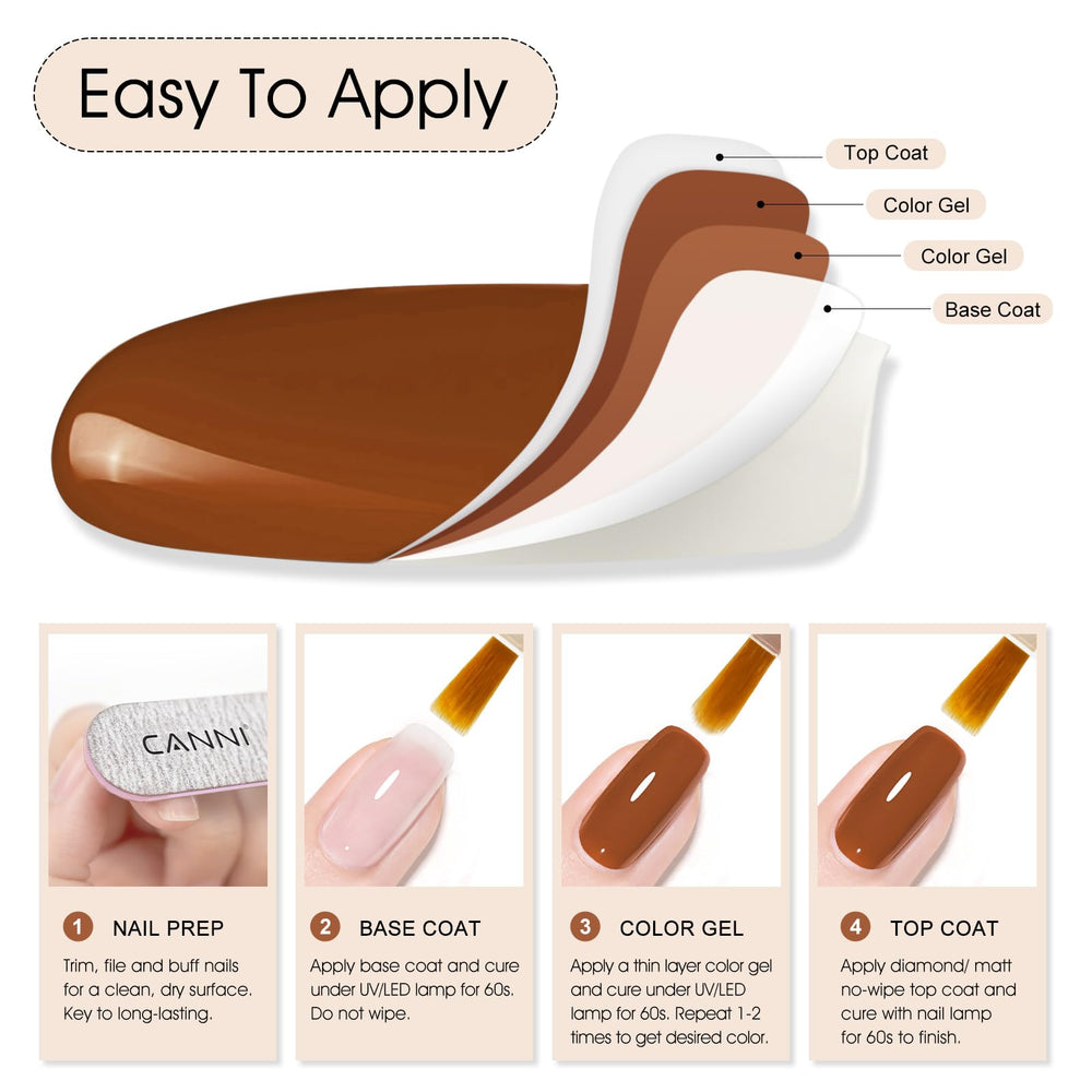 Acabado espejo de CANNI Esmalte Gel Caramelo Café en uñas pulidas.