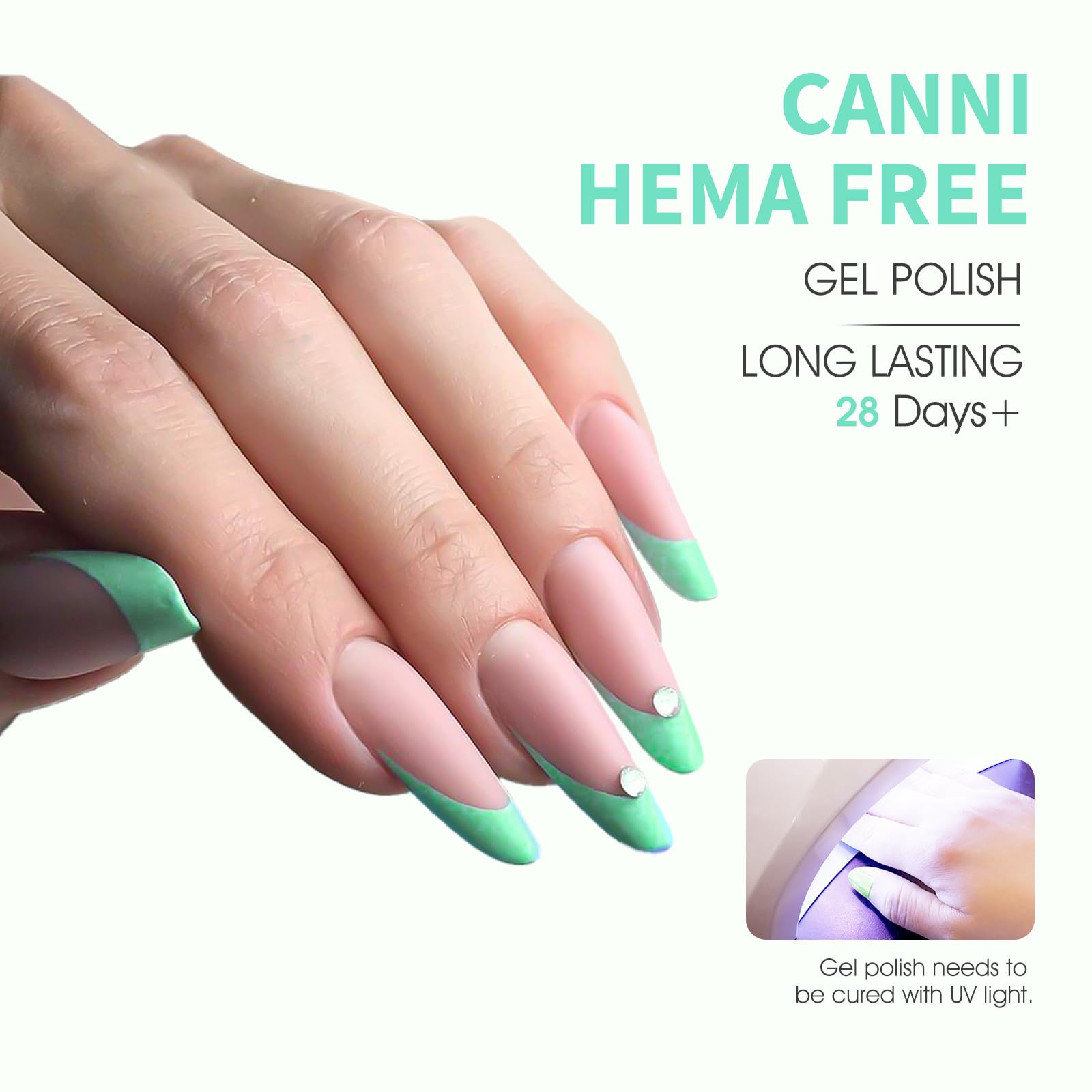 CANNI esmalte gel lima menta, acabado brillante para uñas llamativas.