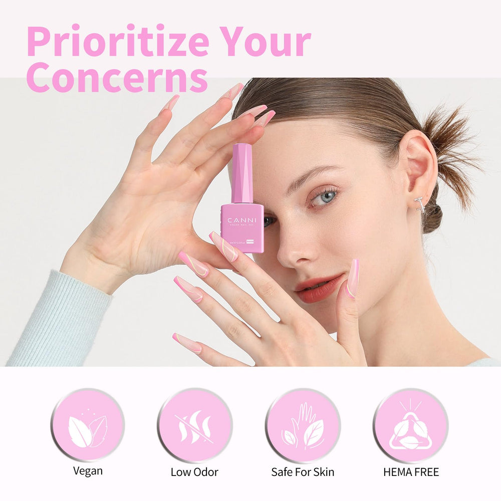 CANNI gel rosa, compatible con base y top coat para mayor durabilidad.