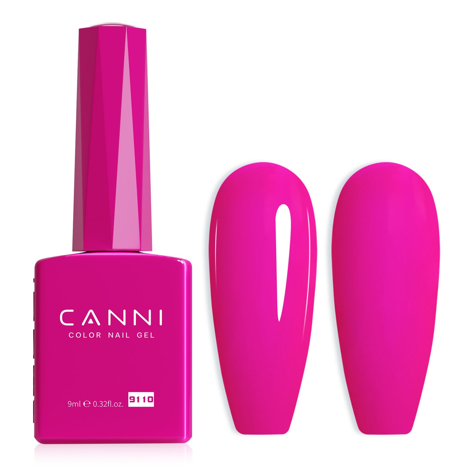 CANNI esmalte gel rosa neón en botella color; muestra tonalidad y brillo