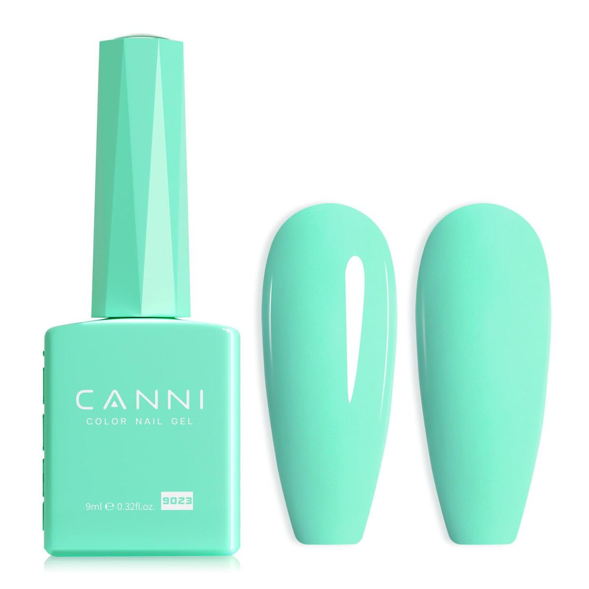 CANNI esmalte gel verde pastel en botella, vista clara del color para manicura.