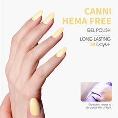 CANNI gel pastel amarillo brilla con alto brillo y cobertura uniforme.