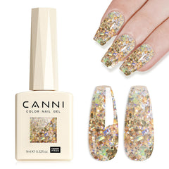 CANNI Glitter Gel Oro Roto, brillo prismático para uñas llamativas.