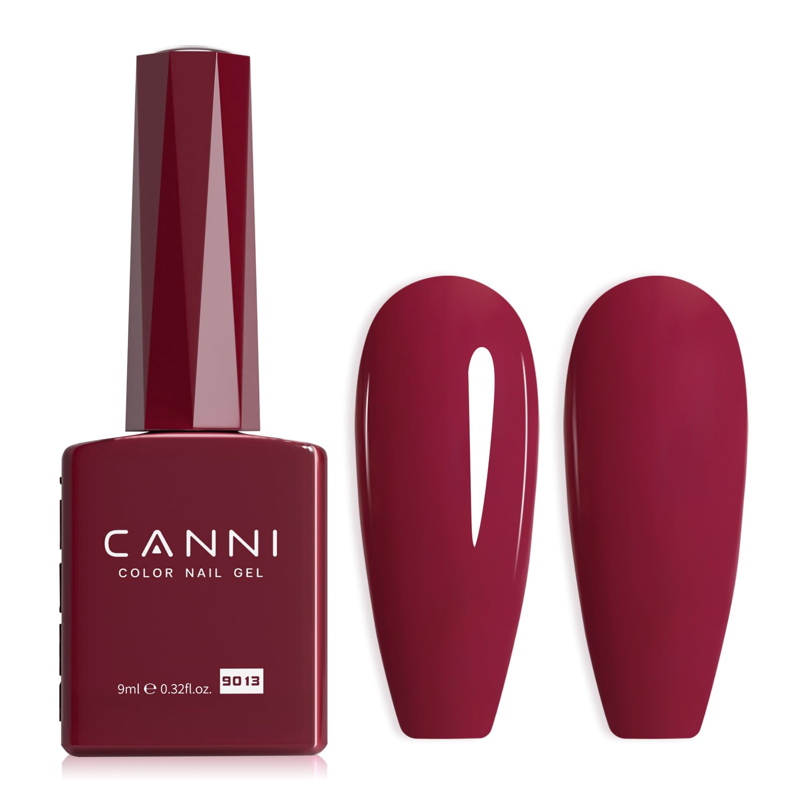 Esmalte gel CANNI rojo oscuro en botella de color para mayor precisión.