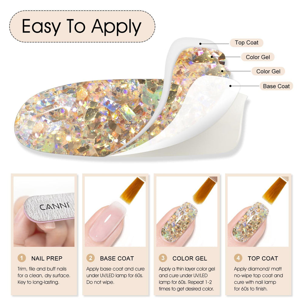 CANNI Glitter Gel cura bajo UV/LED con secado rápido para uñas.
