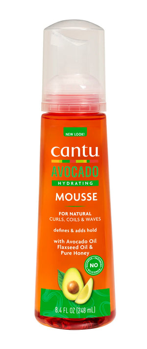 Cantu Mousse de Aguacate Hidratante frente del envase definición suave para rizos.