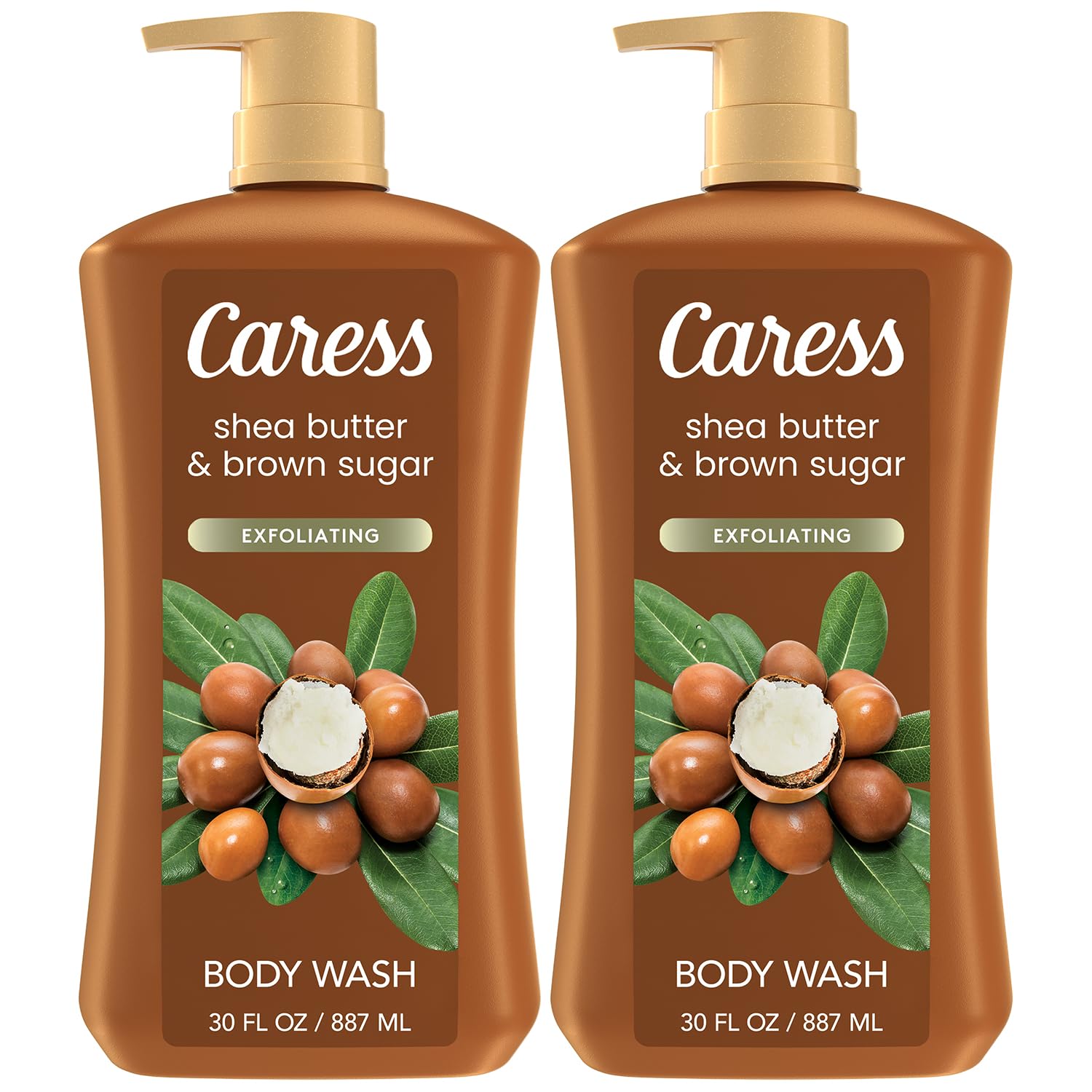 Caress gel de ducha frente al empaque, paquete de 2, piel suave y aroma envolvente.