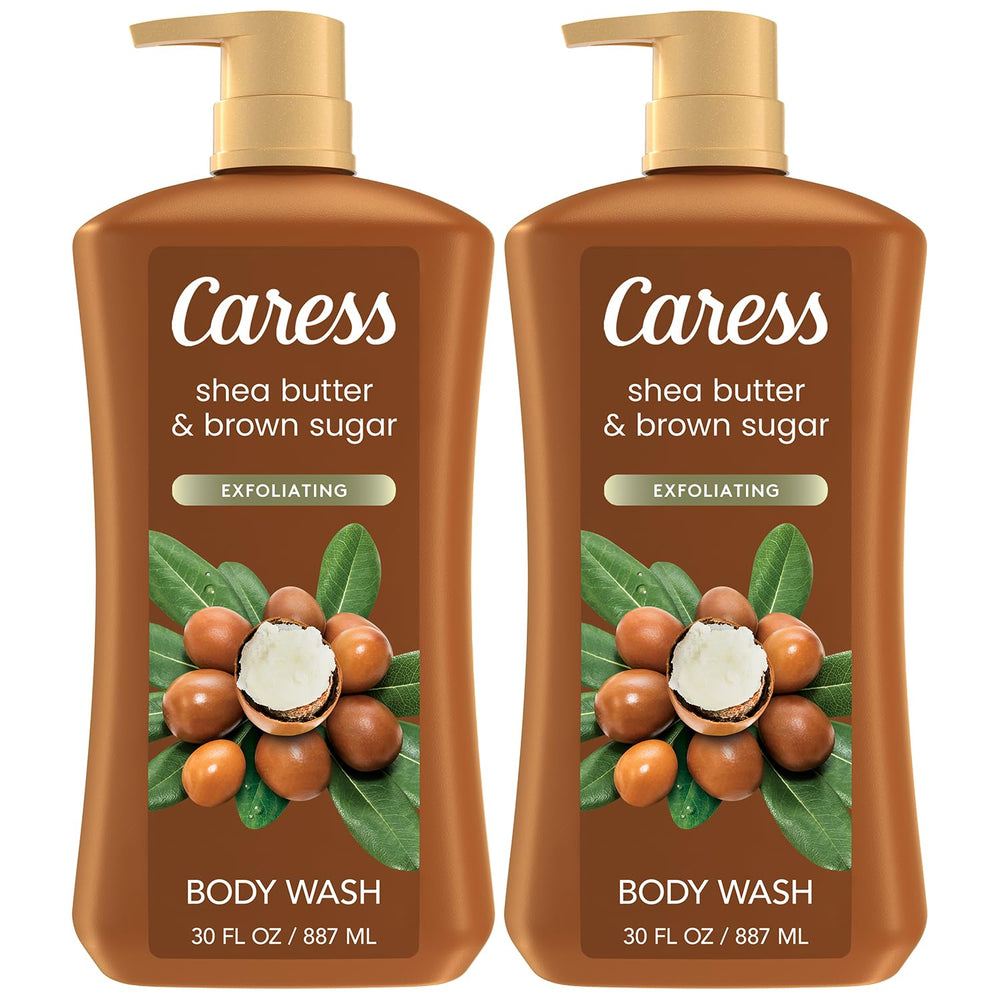 Caress gel de ducha frente al empaque, paquete de 2, piel suave y aroma envolvente.